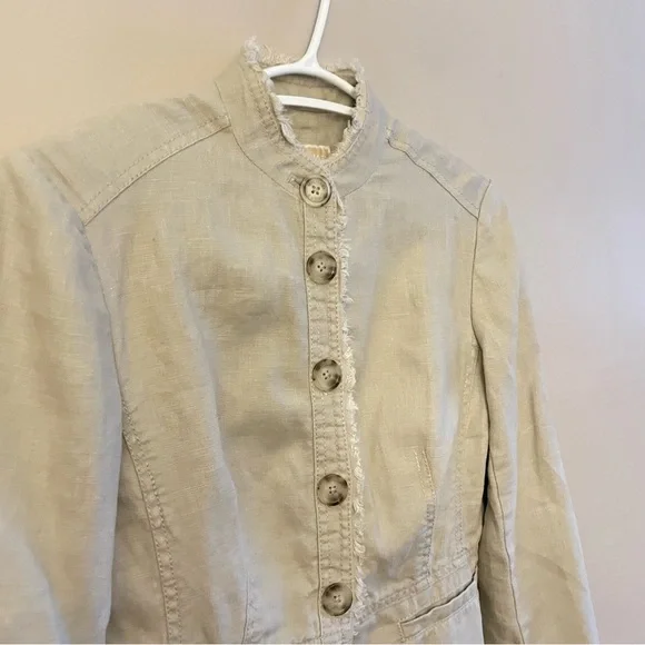 Michael Kors Light Tan Linen Utility Jacket Pleated Ruffle Back – Size 2P  EUC - Picture 2 of 15